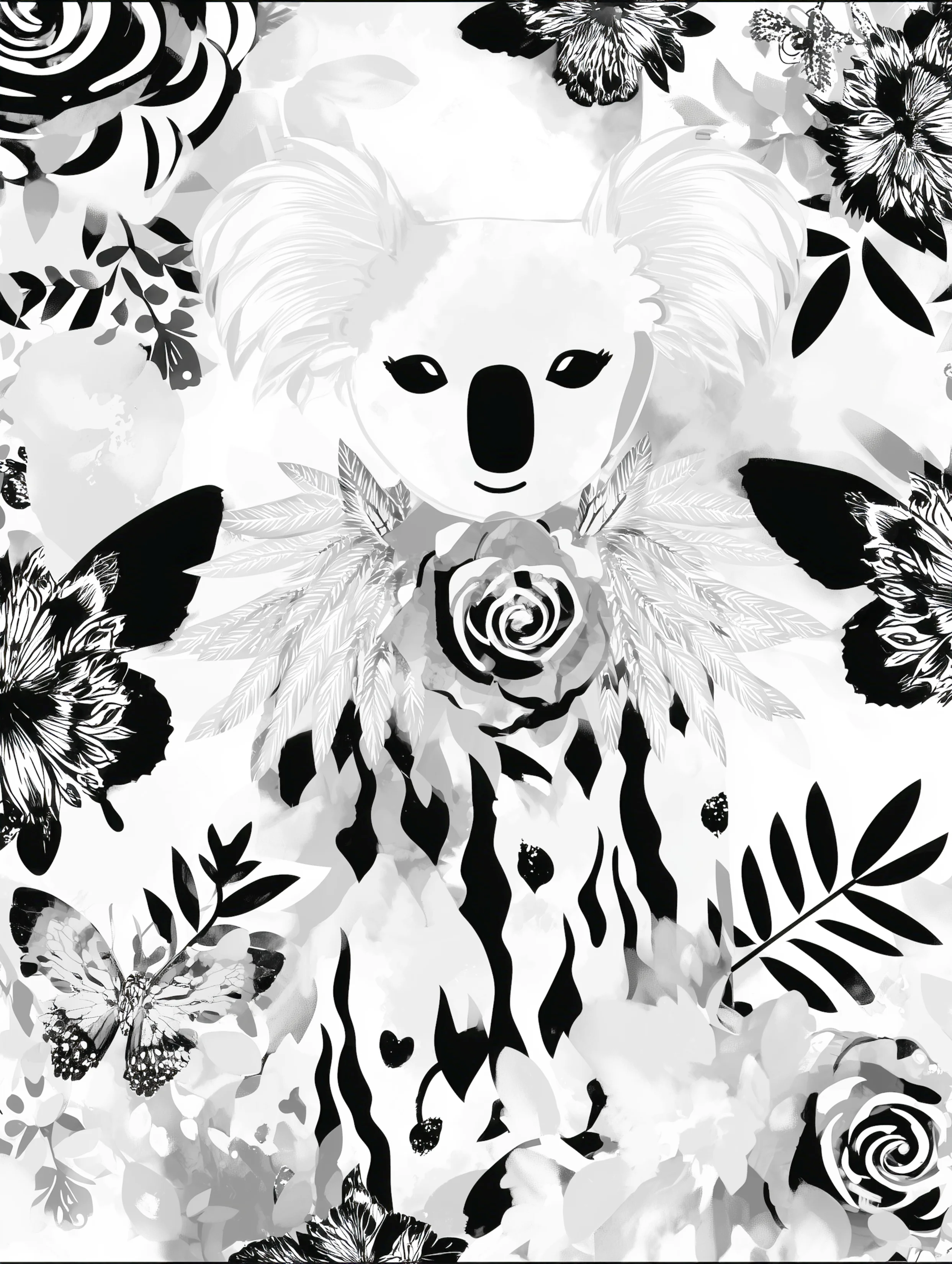Free printable koala coloring page for adults featuring floral koala
